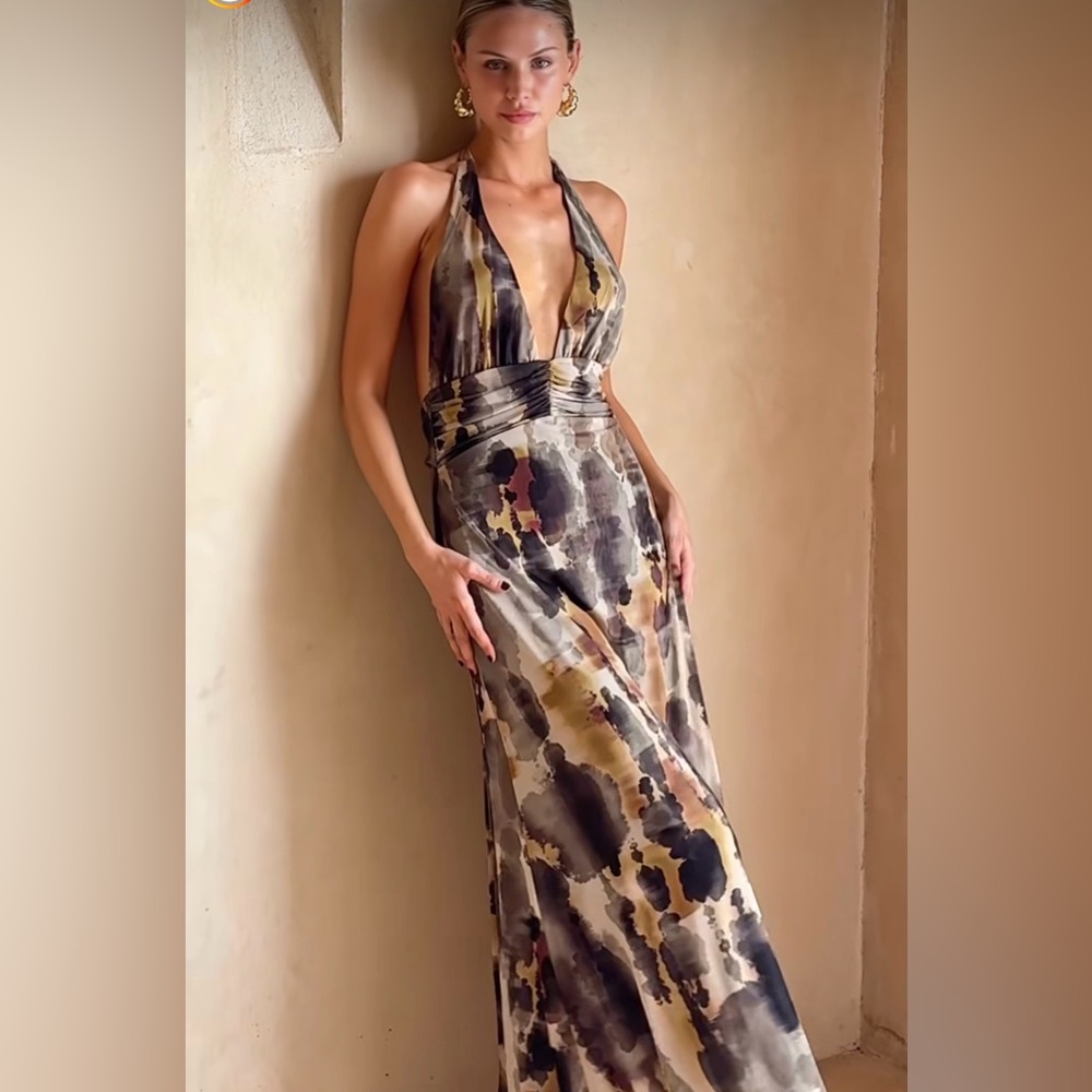RESA Multicolor Watercolor Halter Maxi Dress - Beige, Black, Olive